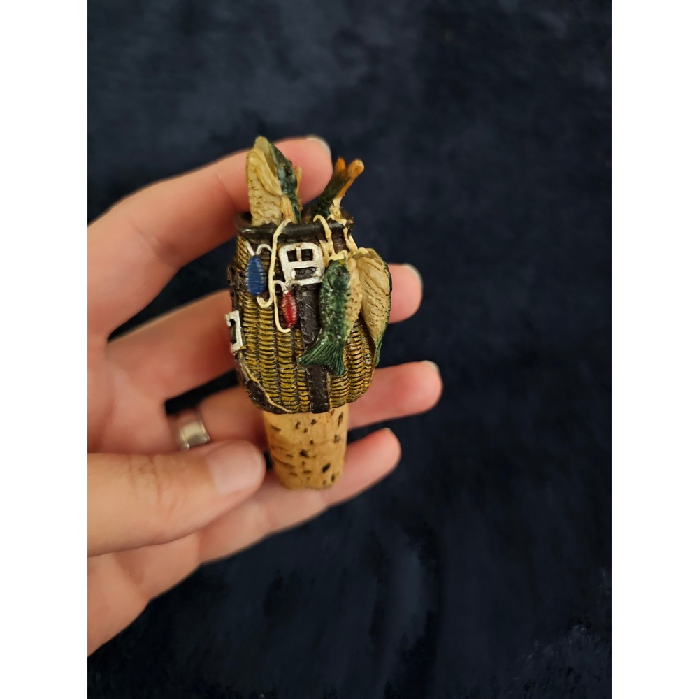 Fishing Creel Wine Bottle Stopper Resin Wicker Basket Fish Lures Cabin Decor